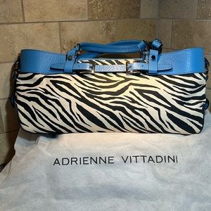New Adrienne Vittadini Zebra Canvas and Turquoise Leather handbag